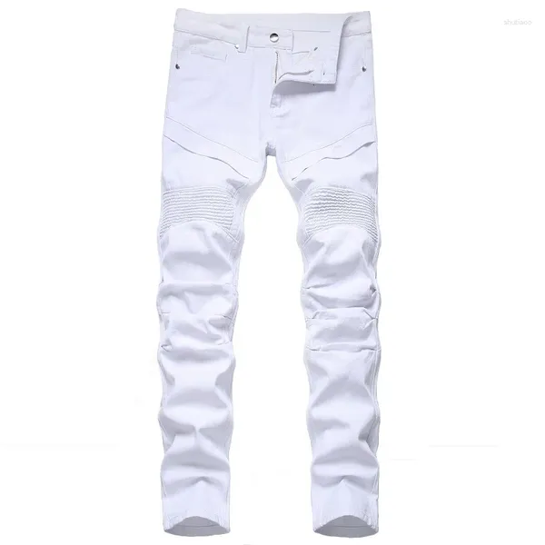 Herren Jeans Trendy Patchwork Weiß Plissee Slim Fit Biker Solide Lange Denim Hosen Männer Kleidung Casual Hombres Motorrad