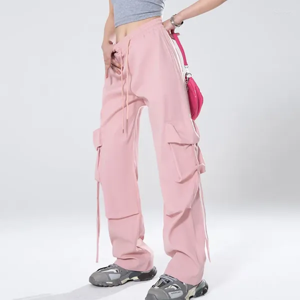 Calças femininas Rimocy Y2K Streetwear Rosa Carga Mulheres 2023 Casual Grandes Bolsos Macacões Oversized Mulher Baggy Perna Larga Calças Retas