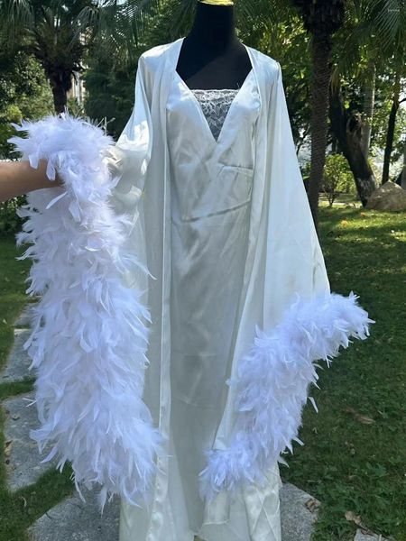 Pigiama da donna con finiture in piume, lunghezza del pavimento, vestaglia da sposa, set bianco, boudoir, kimono in raso, abiti da sposa, lingerie lunga in seta, regalo