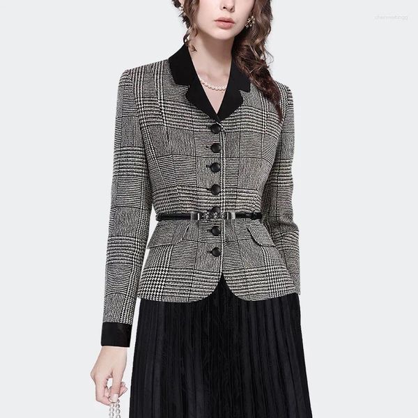 Damenanzüge Frauen Vintage Grau Plaid JACKE Mit Gürtel 2023 Herbst Winter Elegante Abnehmen Weiblichen Kurzen Mantel Arbeiten Casual Blazer
