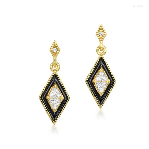 Baumelnde Ohrringe für Damen, Zirkon-Diamant, S925-Sterlingsilber, 10 Karat vergoldet, weiß, schwarz, tropfendes Öl, Rautenohrring