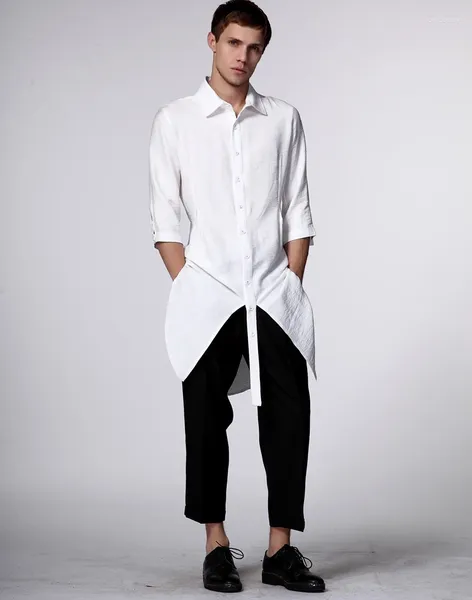 Erkekler rahat gömlek uzun gömlek Kore moda gece kulübü keten stilist ince beş kollu üst kişiselleştirilmiş düz renk