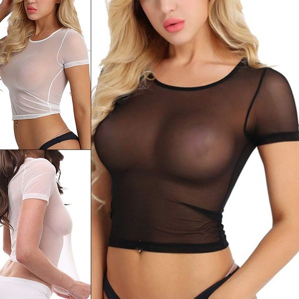 Camisoles Tanks Summer Women Sheer Top Sexy Mesh Trasparente Tshirt Tinta unita Stretto Estetico See Through Ladies Tentation Elastic Soft Tops 230424