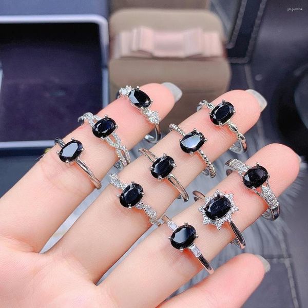 Cluster Rings Натуральное черное кольцо с кольцом овальной формы Gemstone 925 Серебряное Серебряное обещание