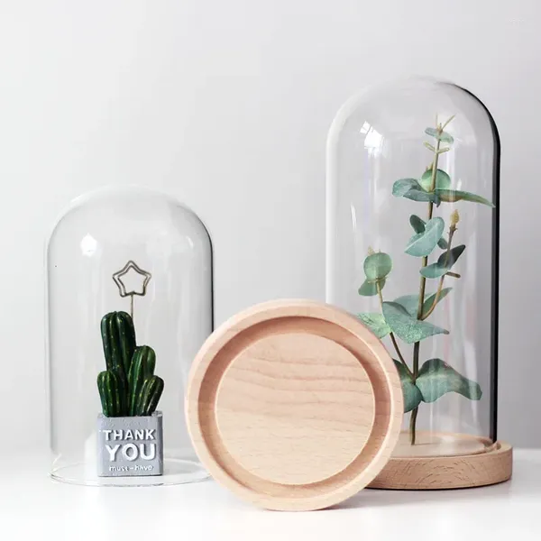 Garrafas de vidro cúpula capa terrário garrafa com base de madeira jar expositor flor imortal caixa poeira cobre caixas