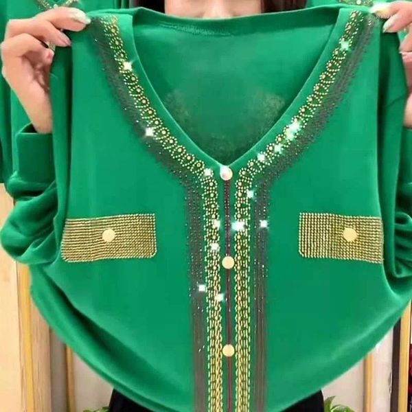 Blusas femininas elegantes com decote em v cor sólida diamantes roupas 2023 outono solto all-match pullovers senhora do escritório camisas