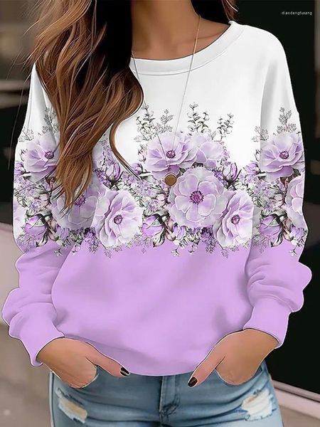 Kadın Hoodies Sweatshirt kazak Vintage Sports Basic Pembe Mor Floral Sokak Günlük Yuvarlak Yuvarlak Boynu Hoodies Üst Mikro Elastik