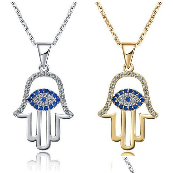 Colares Pingente Azul Evil Eye Hamsa Mão Colar Terceiro Pingente Colares Sorte Proteção Jóias Drop Delivery Jóias Colares P Dh3NNn