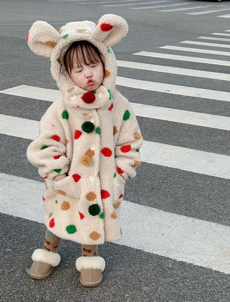 Jacken Kinder Mädchen Kleidung 2023 Winter Nette Süße Bunte Polka-dot Lämmer Wolle Mantel Ohren Mit Kapuze Lange Plus Samt gepolstert