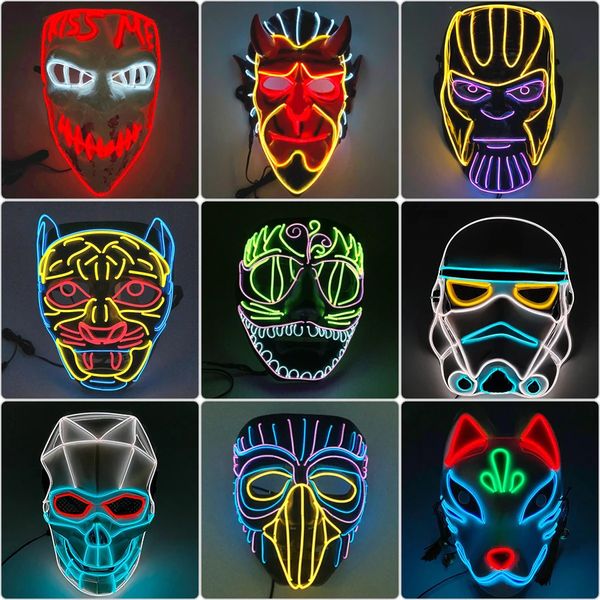 Maschere per feste Glowing Maschera Cosplay Personaggi dei cartoni animati Mostri spaventosi Animali feroci LED luminosi al neon per Carnevale di Halloween 231124