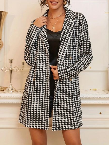 Ternos femininos houndstooth duplo breasted lapela blazer elegante manga longa casaco para roupas de trabalho de escritório