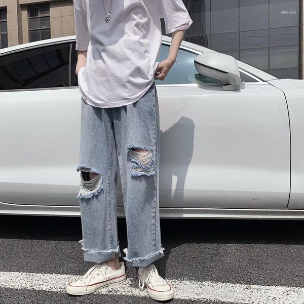 Мужские джинсы 2023 весна и лето рваные уличные хип-хоп свободные широкие брюки с тонким мехом брендовая одежда рваная