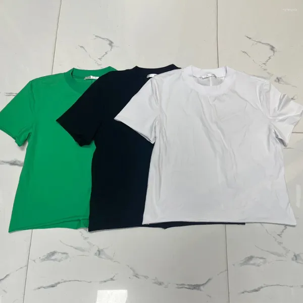 Mulheres Camisetas TGE R0W Rolou Manga Curta T-shirt Mulheres 2023 Primavera Verão Puro Casual Peplum Cor Redondo Pescoço Pulôver Top