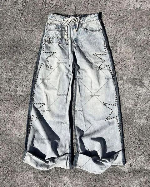 Мужские джинсы Y2K, американские брюки со звездами и ромбовидной вышивкой, мужские брюки с очень высокой талией в стиле ретро, Harajuku, свободные прямые широкие брюки