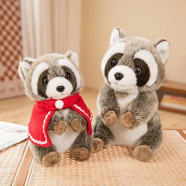 Bonecas de pelúcia Kawaii Simulação Guaxinim com Sinos Manto Brinquedo Bonito Lifelike Procyon Animal Recheado Crianças Presente de Aniversário para Crianças 231123