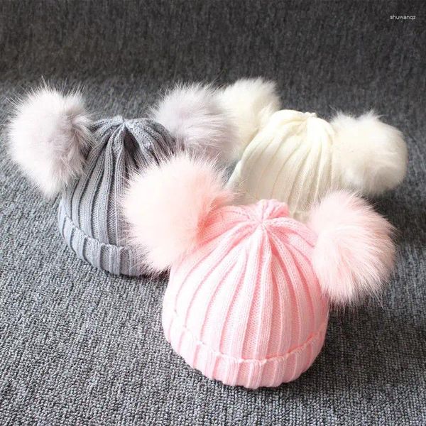 Berets 0-2 Jahre Winter Warme Kinder Strickmütze Säugling Kinder Baby Wolle Strickmütze Mütze Winddicht Big Pompon Jungen Mädchen Mützen