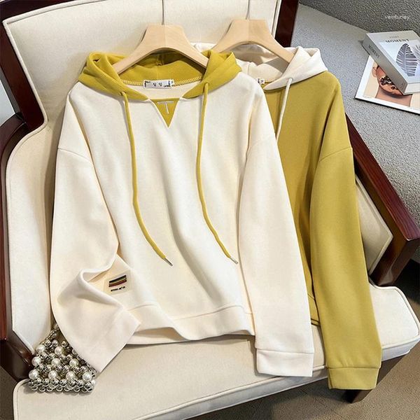 Hoodies femininos deeptown coreano damasco amarelo moletom feminino bonito manga longa pulôver doce harajuku streetwear retalhos solto hoodie