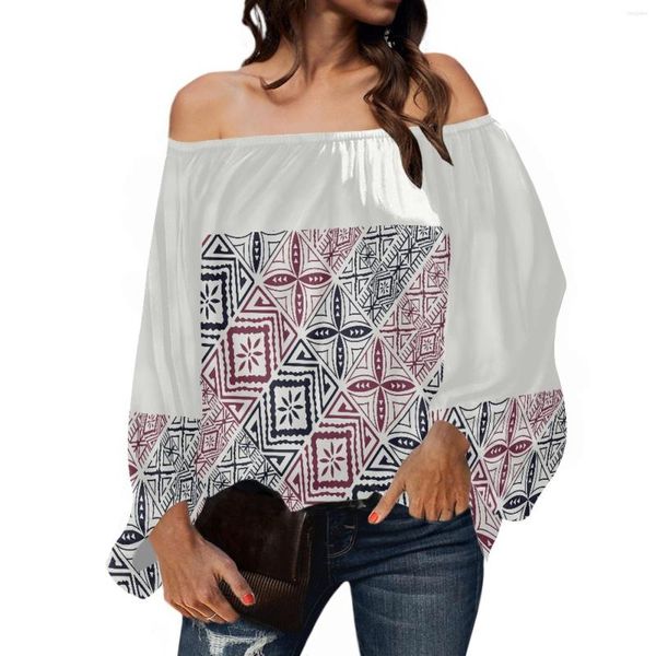 Damenblusen Polynesian Tribal Tongan Totem Tattoo Tonga Prints Off Shoulder Damen Shirt One Long Sheelves Chiffon Tops Autumn Wear