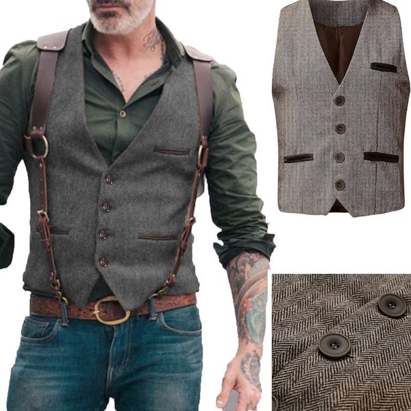 Gilet da uomo Plaidfashionable scollo a V alla moda formale slim fit monopetto gilet a spina di pesce da uomo sposo best man consegna gratuita