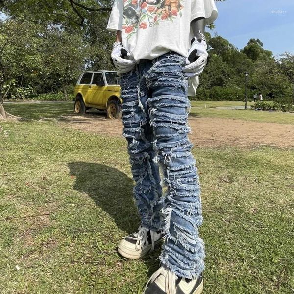 Jeans masculinos high street lavagem do velho magro y2k americano hip hop maré marca vara pano nicho design sentido destruição