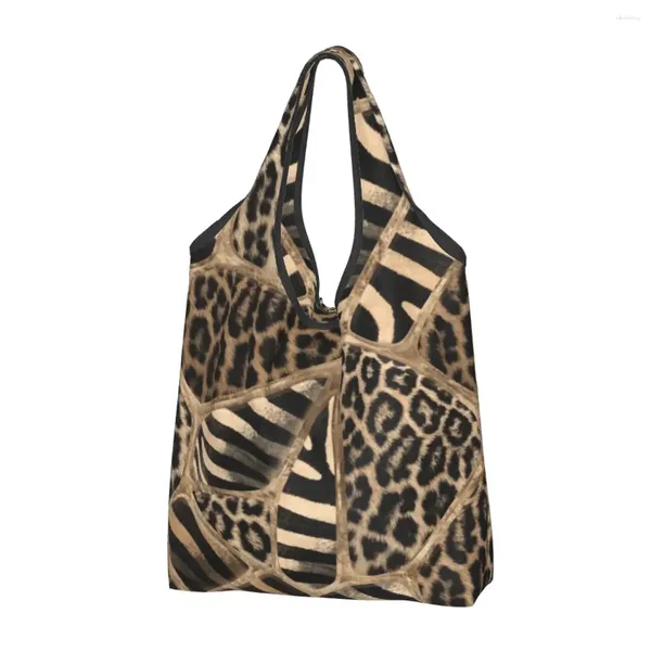 Sacos de compras moda animal impressão sacola portátil leopardo e zebra pastel ouro mantimentos ombro shopper