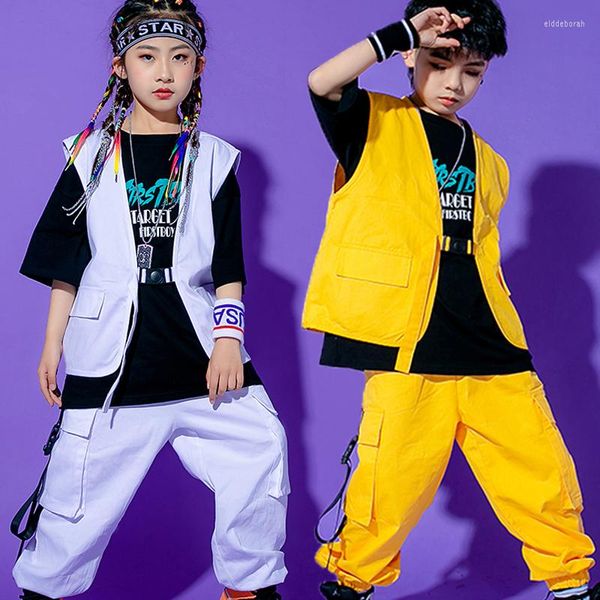 Stage Wear 2023 Bambini Gilet giallo allentato Pantaloni Hiphop Street Dance Bambini Jazz Costumi moderni Abbigliamento Hip Hop DQS8459