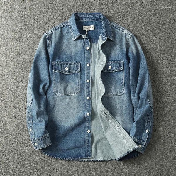 Camicie casual da uomo Camicia cargo in denim pesante retrò giapponese autunnale Moda Giacca con doppia tasca spessa in cotone lavato vecchio