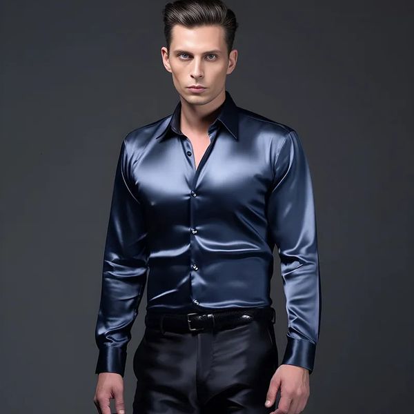 Camisas casuais masculinas camisa de vestido de seda de cetim de manga longa magro negócios formal topos clássico 231124