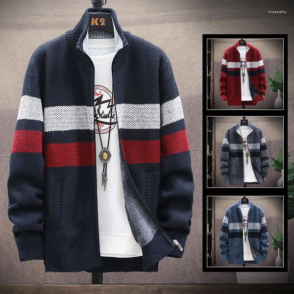 Camisolas masculinos Autumn/Winter Jacket Fashion Stripe Zipper Sweater Cardigan Fleece Warm Wood Men's Street Casual Casual