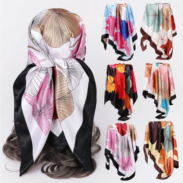 Lenços 90cm impressão floral seda cetim headkerchief mulheres design de luxo pescoço gravata lenço feminino cabelo mão pulso foulard xale hijab bandana