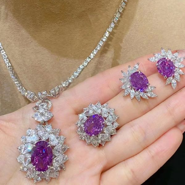 Lab ametista conjunto de diamantes esterlina sier noivado anéis de casamento brincos colar para mulheres jóias de promessa