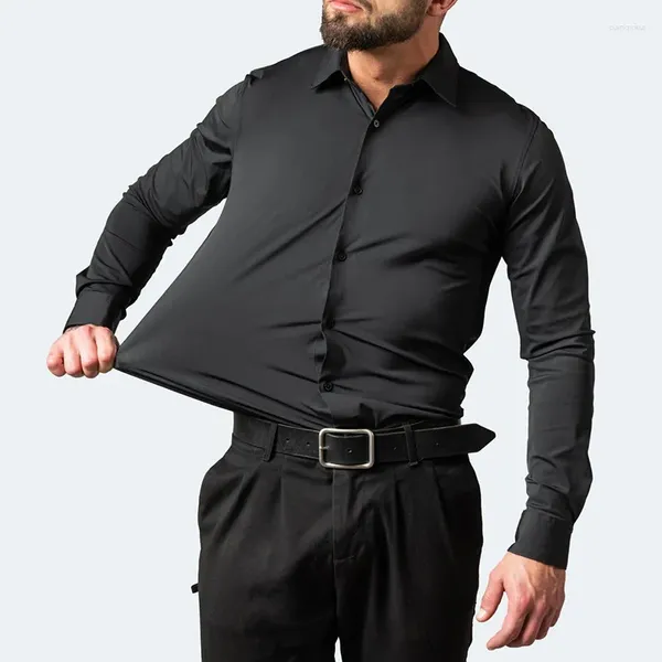 Camisas casuais masculinas outono e inverno de quatro lados elástico ferro livre manga longa camisa de negócios cor sólida mercerizada vertical
