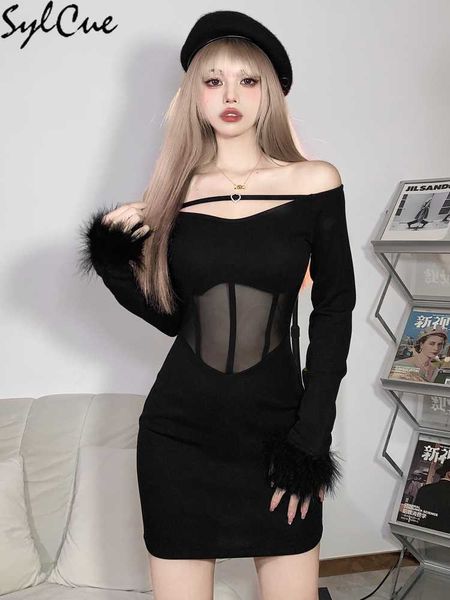 Платья для вечеринок черная лоскутная перспектива сексуальная вечеринка ночного клуба зрелый горячий тощий эластичный гламур загадочный платье с длинным рукавом 230322