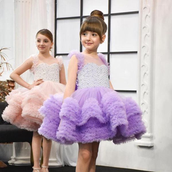 Mädchenkleider Perle Prinzessin Kleid Puffy Layers O-Ausschnitt ärmellos über dem Knie V-Rücken Blume formelles Partykleid