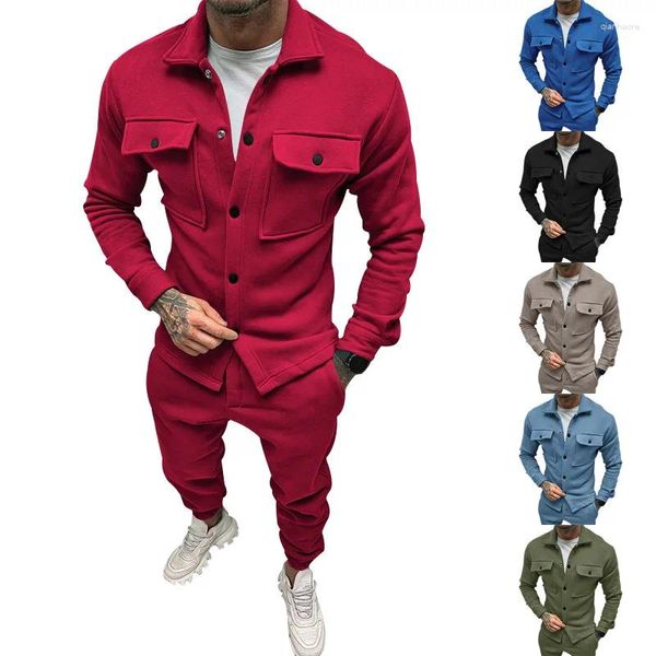 Fatos masculinos vermelho azul outono conjuntos na moda camurça jaqueta calças 2 peças carga bolso design homem ternos casual wear S-3XL