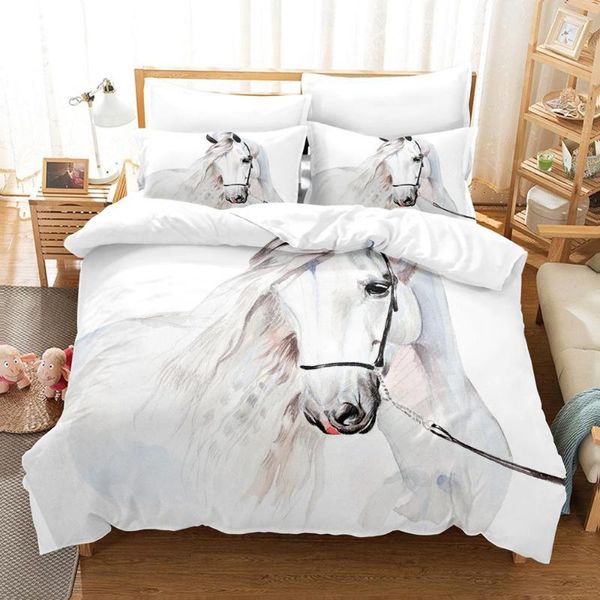 Set di biancheria da letto Cavallo bianco 3D Biancheria da letto per animali Singola doppia Doppia per bambini Adulti Decorazioni per la casa Nessun lenzuolo Copripiumino di lusso