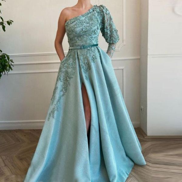 Brautkleid Glamorous Eisblau Tüll Perlen Spitze Applizierte U-Boot-Ausschnitt One-Shoulder-Reißverschluss-Kleid A-Linie Vestido De Novia