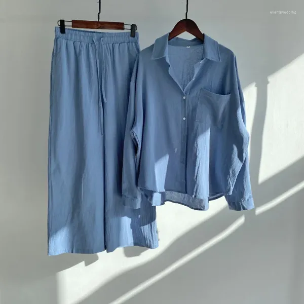 Pantalones de dos piezas para mujer 2023 Primavera Verano Casual Trajes de lino de algodón para mujer Camisa de manga larga y conjuntos rectos hasta el tobillo