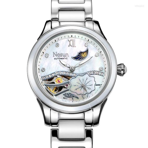 Нарученные часы Швейцария Nesun Automatic Mechaincal Women Watches Moon Phase Skelet Водонепроницаемые бриллианты.