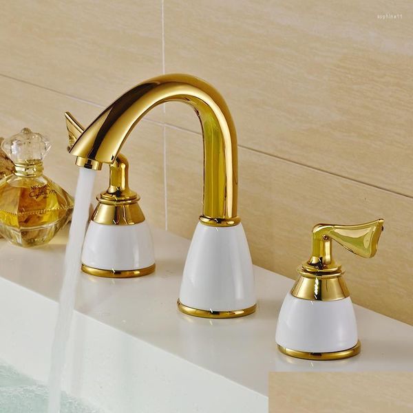 Badezimmer-Waschtischarmaturen, Badezimmer-Waschtischarmaturen, Waschbecken, poliertes Gold, Messing, moderner Wasserhahn, Doppelgriff, 3-Loch-Badewannen-Zähler-Mischbatterien Dh1Q7