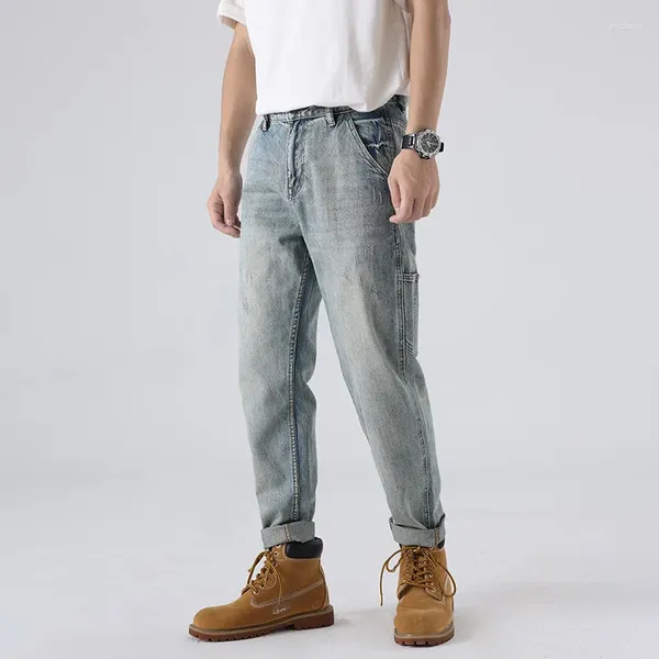 Мужские джинсы, мужские синие винтажные прямые рваные повседневные хлопковые длинные брюки для тренировок на открытом воздухе