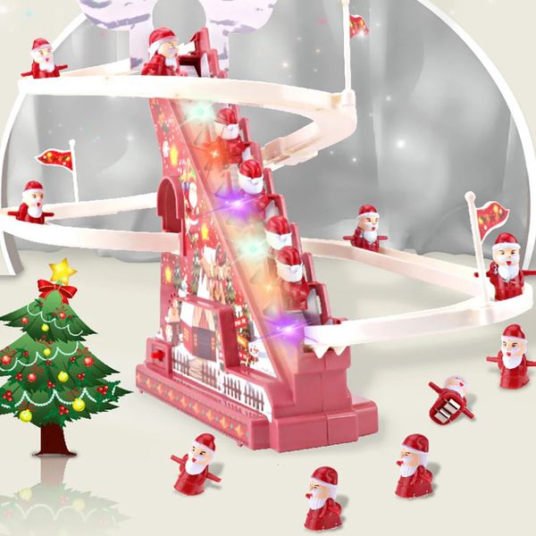 Suprimentos de brinquedos de Natal Escada de escalada elétrica Papai Noel Boneca Crianças Brinquedos musicais Rail Slide Enfeite de Natal Decoração Decoração de casa 2024 Presente de ano 231124