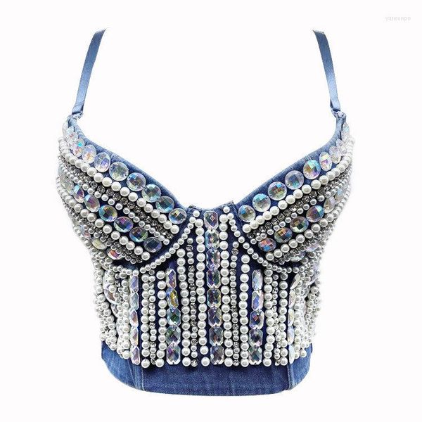 Canotte da donna Donna Estate Denim Canotta Corsetto Top costruito in reggiseno Diamanti di cristallo Perla Jeans di lusso Top High Street Club Party Indumenti da notte