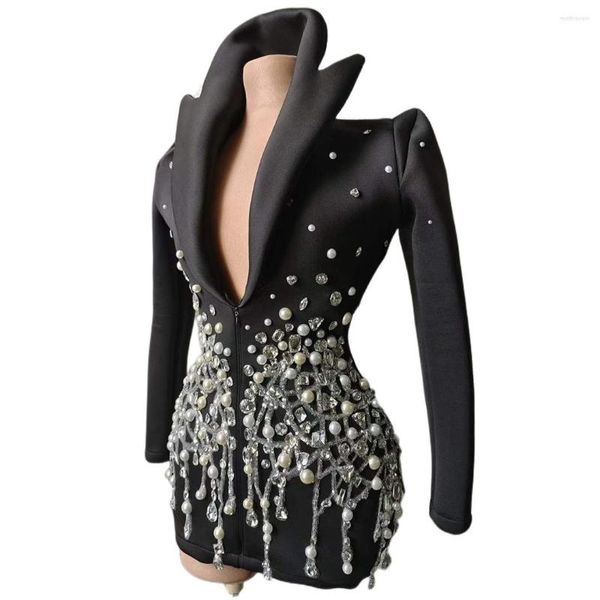 Bühnenkleidung, schwarze Frauen, Perlen, glänzend, Blazer, Strass, Geburtstag, Drag Queen, Outfit, Performance-Kostüm, Feiern, Kleid, Show