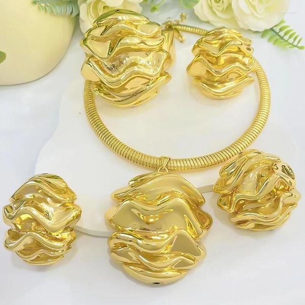 Colar brincos conjunto de luxo itália 18k banhado a ouro jóias para mulher 4 pçs água ondulação anel pulseira grande dubai casamento