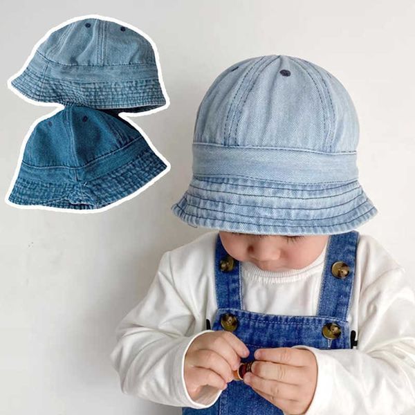 Caps Fashion Baby Washed Denim Solid Vintag Bucket Hats Toddler Primavera Estate Autunno Panama Kids Fisherman Cap Hat per Newborn Outfit P230424
