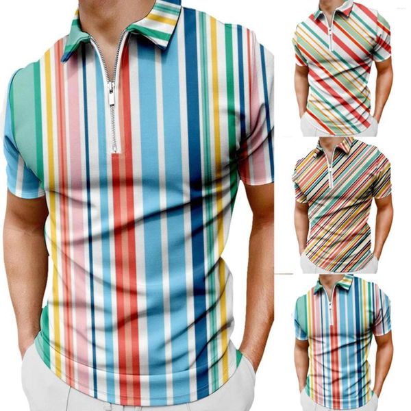 Homens camisetas moda homens tops primavera 3d cor listra impressão casual lapela zíper grande para pacote v pescoço