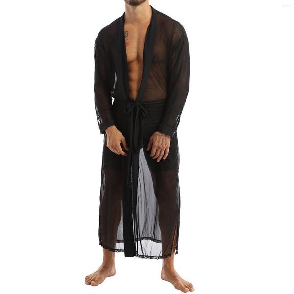 Camisa de roupas de dormir masculina roupão de banho gay túnica de manga de banho sexy longa malha de camisola de camisola Cuecas Robes Cardigan Vestido Transparente