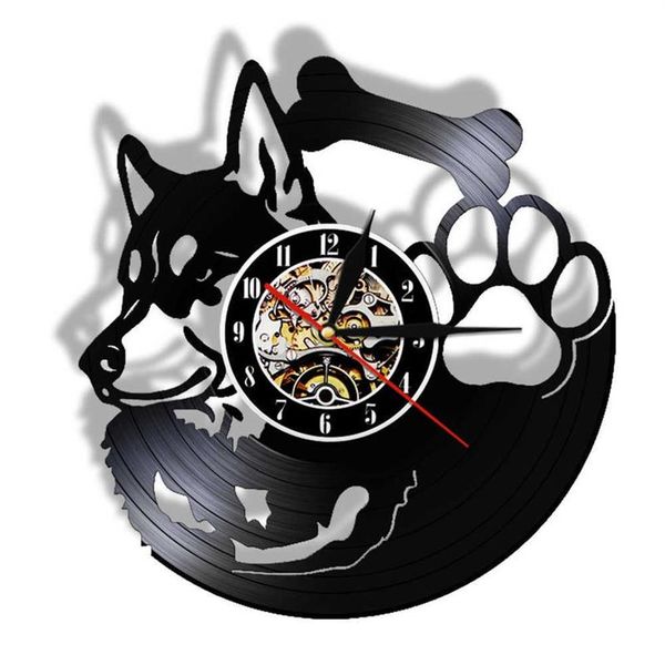Siberian Husky Orologio da parete con disco in vinile, senza ticchettio, negozio di animali, decorazioni artistiche vintage, orologio da appendere, cane, razza, proprietario di cane Husky, idea regalo X0200k