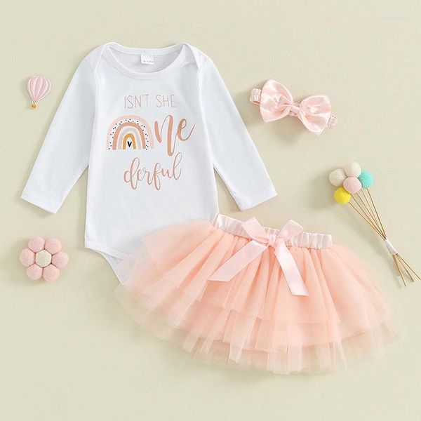 Kleidungssets Baby Mädchen 1. Geburtstag Outfit Kleinkind Briefdruck O Hals Langarm Strampler Tüllrock Schleife Stirnband Kleinkind Set